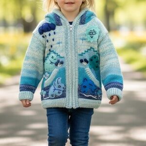 Peruvian made kids Blue Knitted Hooded Cardigan with Animal Design Approx 2-6y